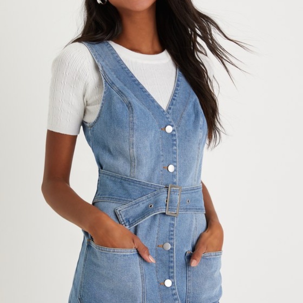 Lulus Cutest Aesthetic Light Wash Denim Belted Button-up Mini Dress Blue